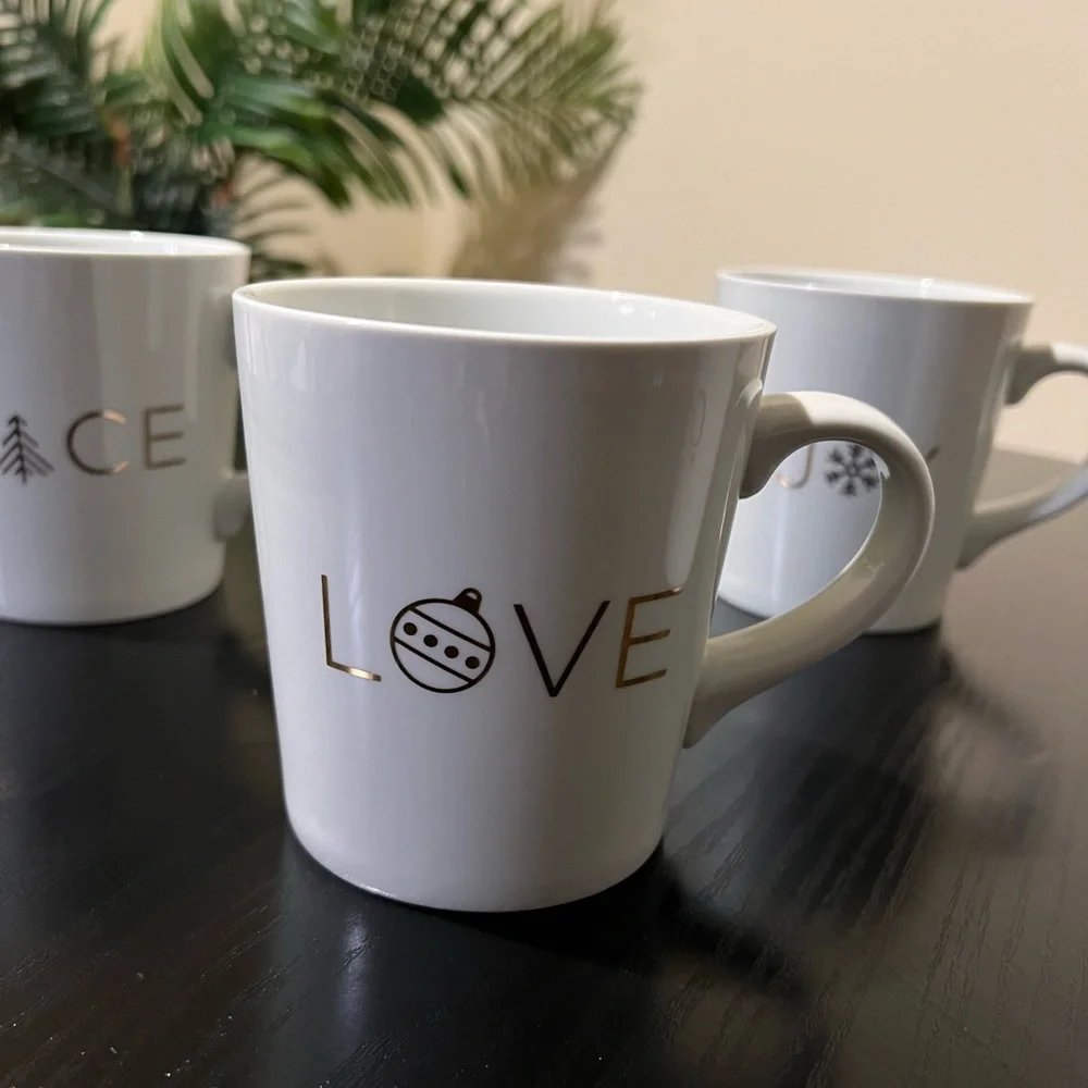 Crate and barrel holiday mug set. Christmas mugs for coffee or tea. home decor.